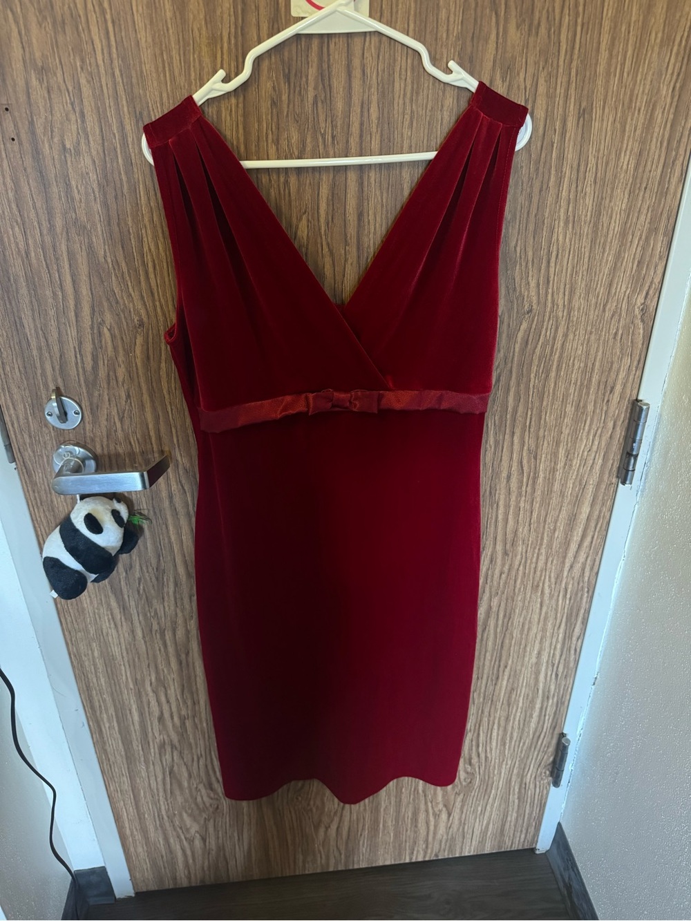 Amanda Lane Red Velvet V-Neck Dress with Waist Bow